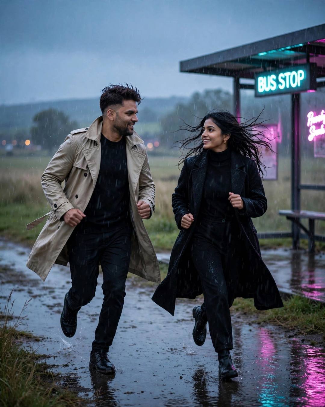 Young couple running toward each other laughing before a neon bus stop in the rain