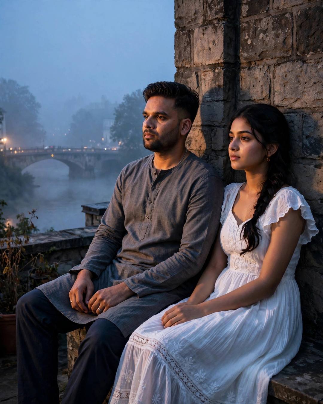 Young couple sitting with backs against a stone bridge wall at blue hour, fog over the river