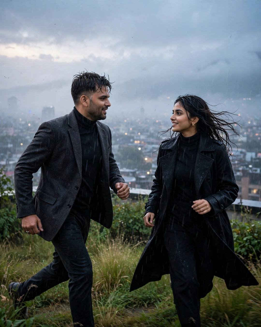 Young couple running toward each other on a rainy rooftop overlooking city lights