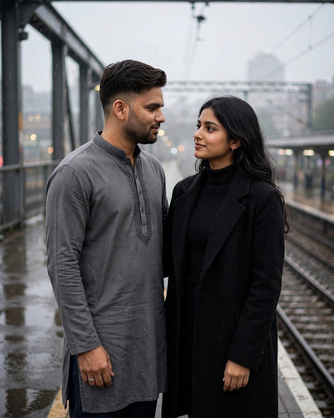 Young couple facing each other on a wet bridge, city blurring behind in soft daylight
