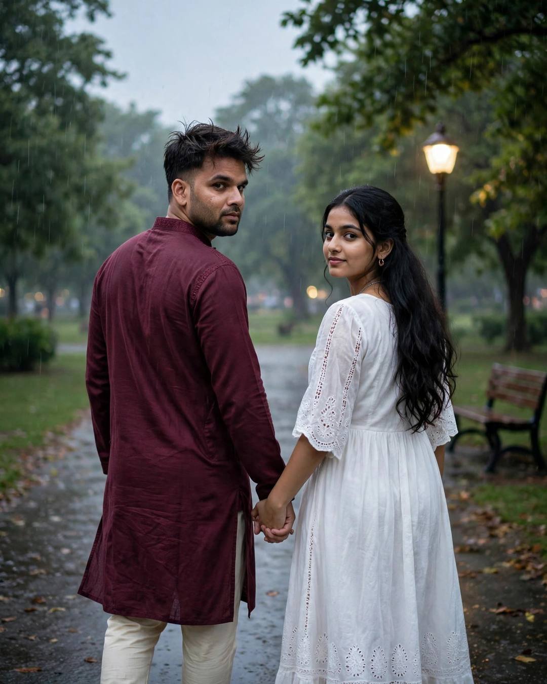 Couple walking hand in hand down a drizzly park path at dusk