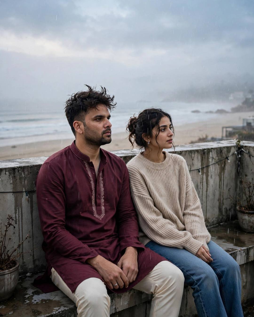 Couple sitting silently against a wall at a deserted drizzly beach