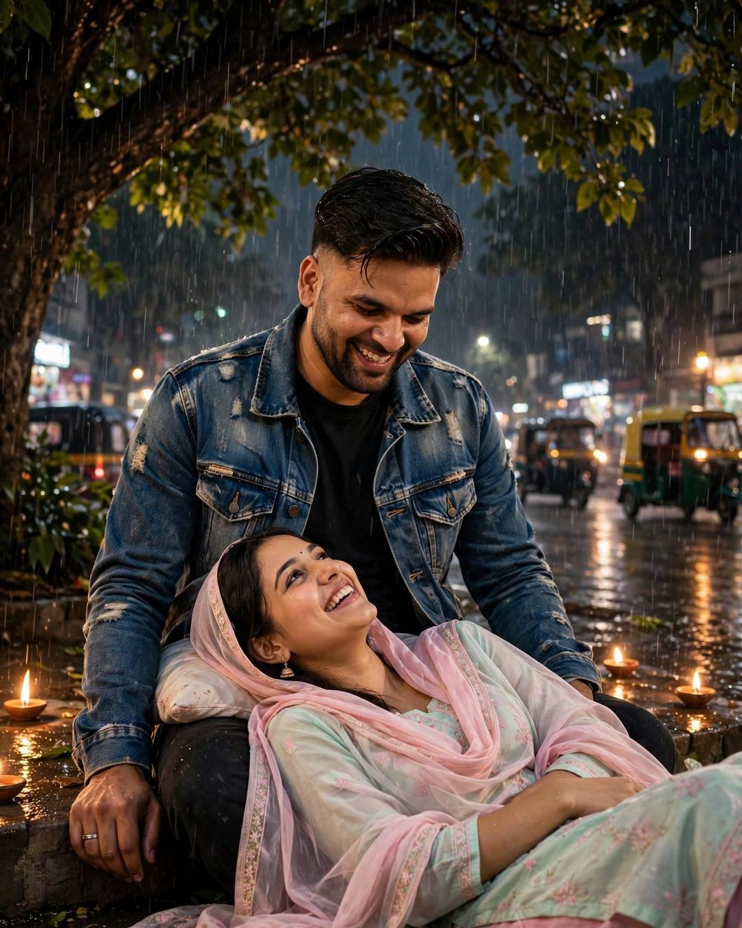 Photorealistic cinematic AI portrait of a laughing young couple among diyas on a rainy street at night