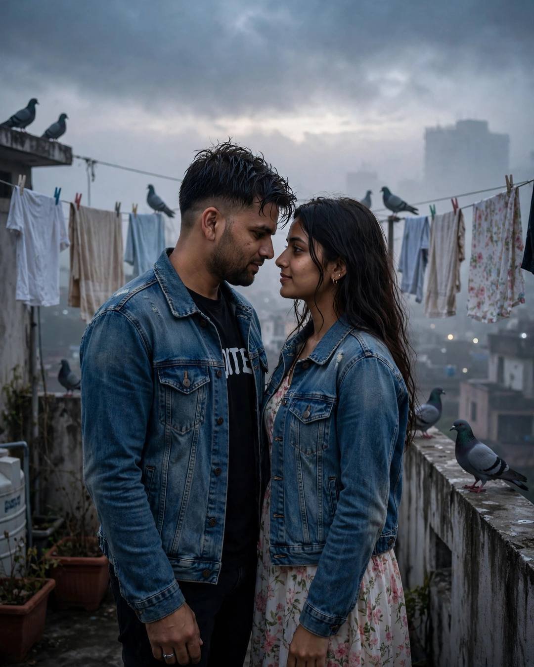 Photorealistic cinematic AI portrait of a young couple face to face on a foggy terrace at dawn