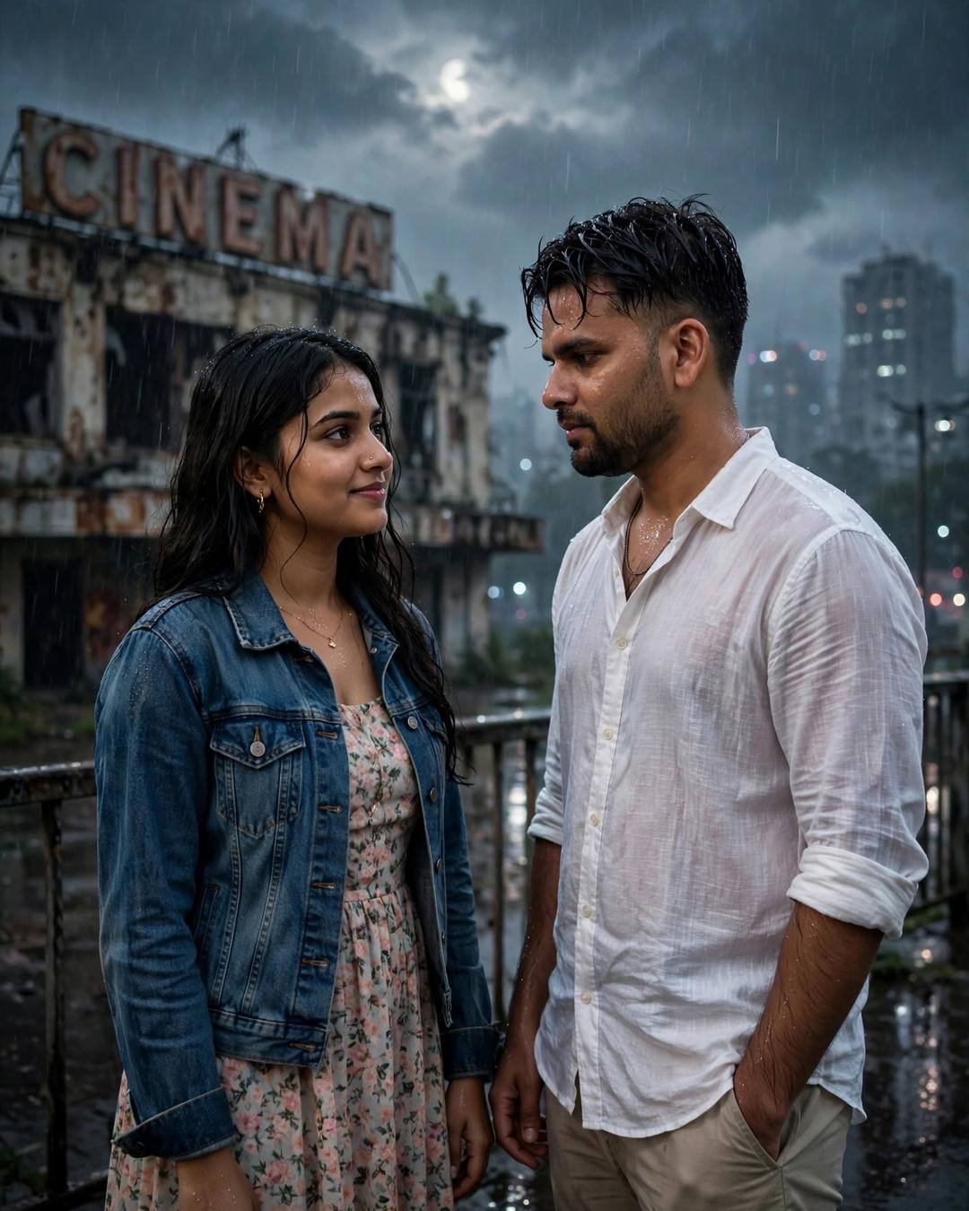 Photorealistic cinematic AI portrait of a young couple face to face on a rainy bridge at night