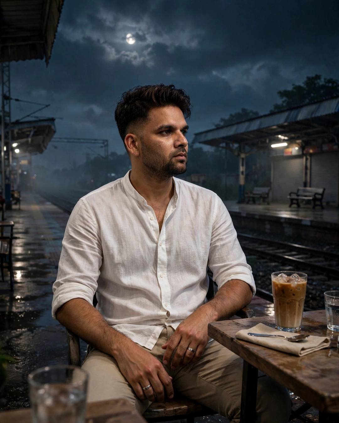 Man in white linen shirt seated at a café table on an empty moonlit railway platform at night, cold coffee beside him
