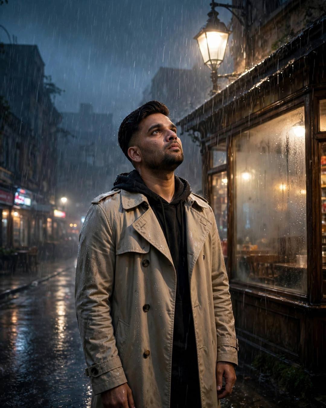 Man in beige trench coat standing under a streetlamp in heavy monsoon rain at night, face lifted to the sky, café window glowing behind