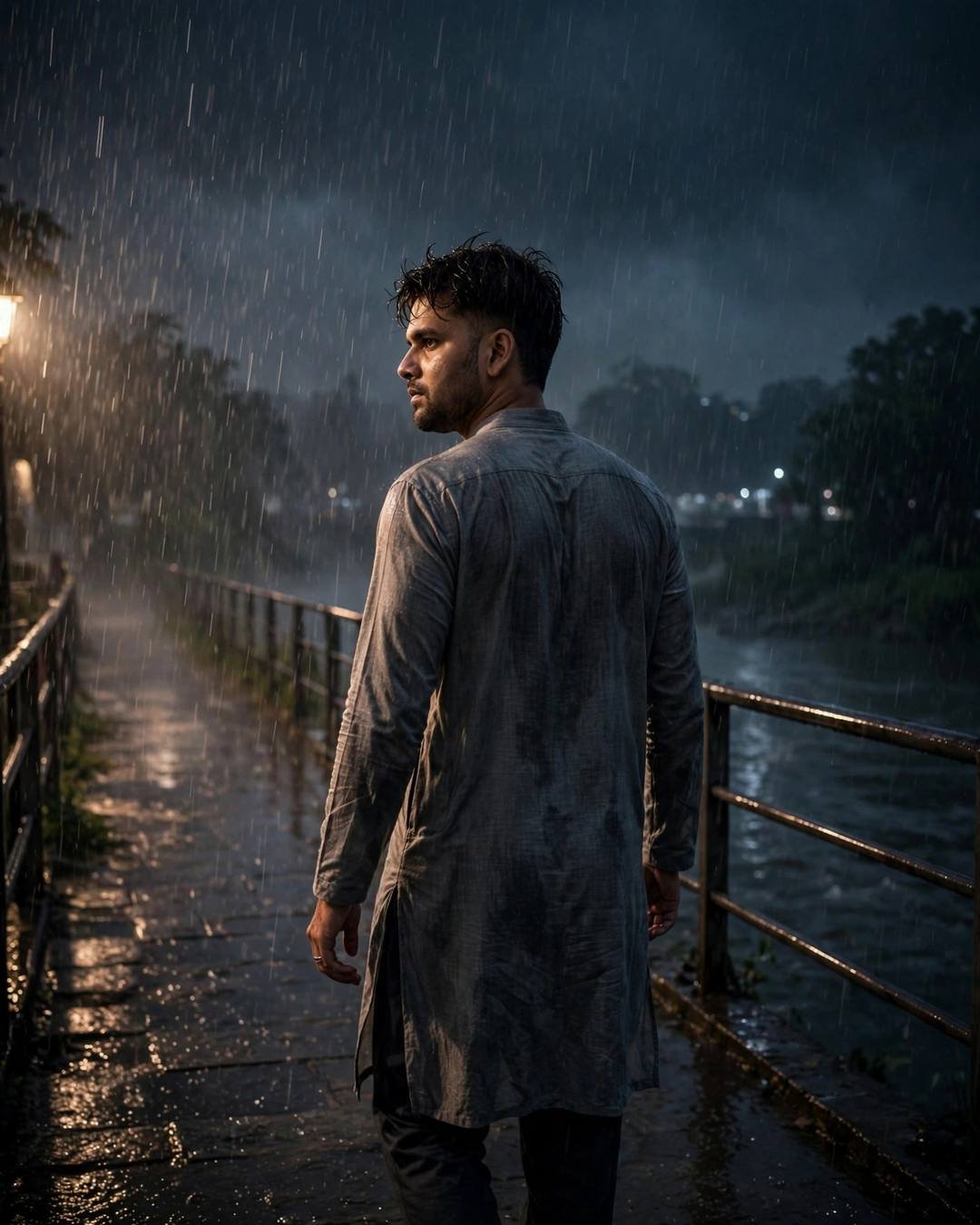 Man in grey kurta walking away on a rain-soaked bridge at midnight, looking back over one shoulder, river below