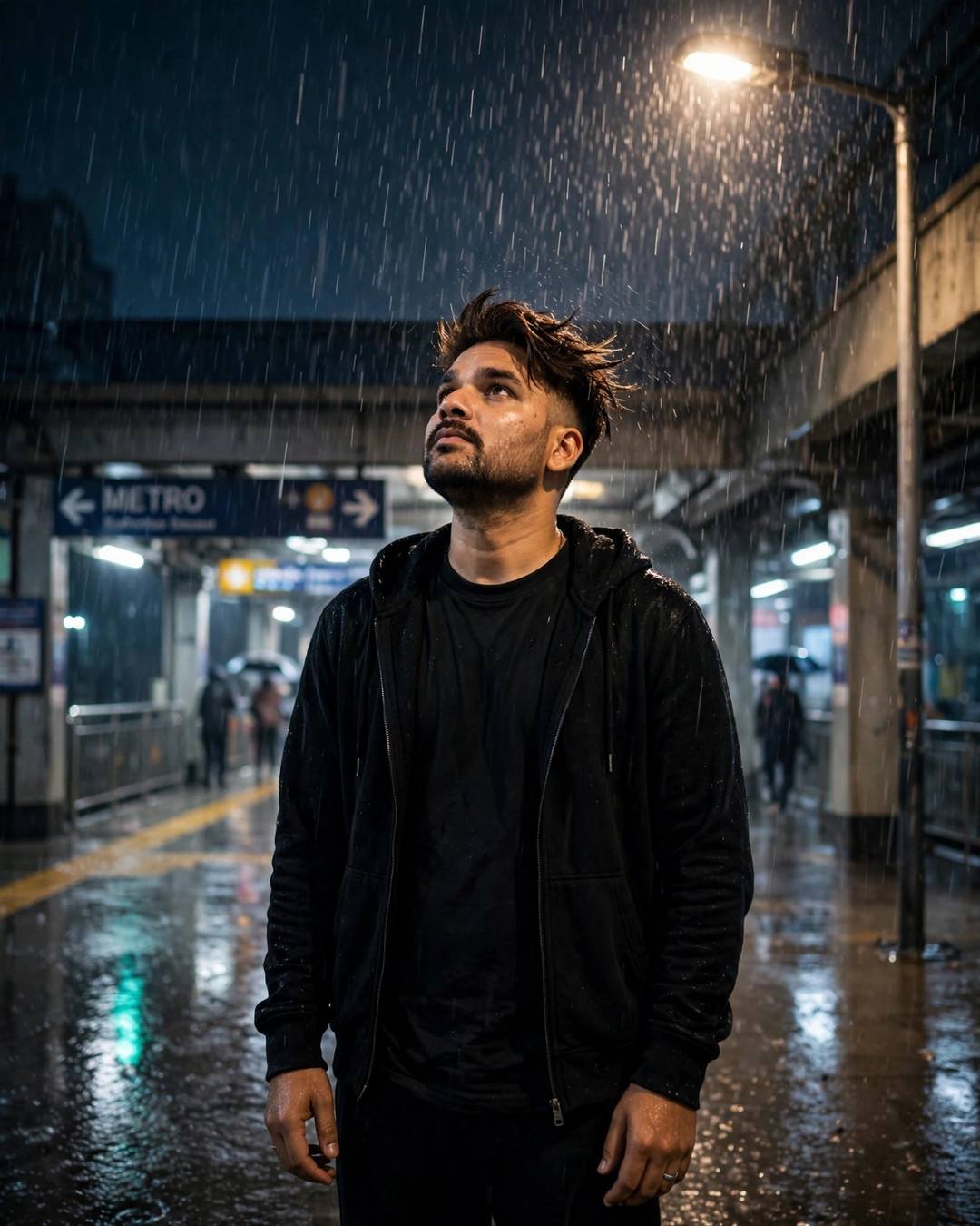 Man in all-black streetwear standing in heavy monsoon rain at a midnight metro station, face lifted to the sky