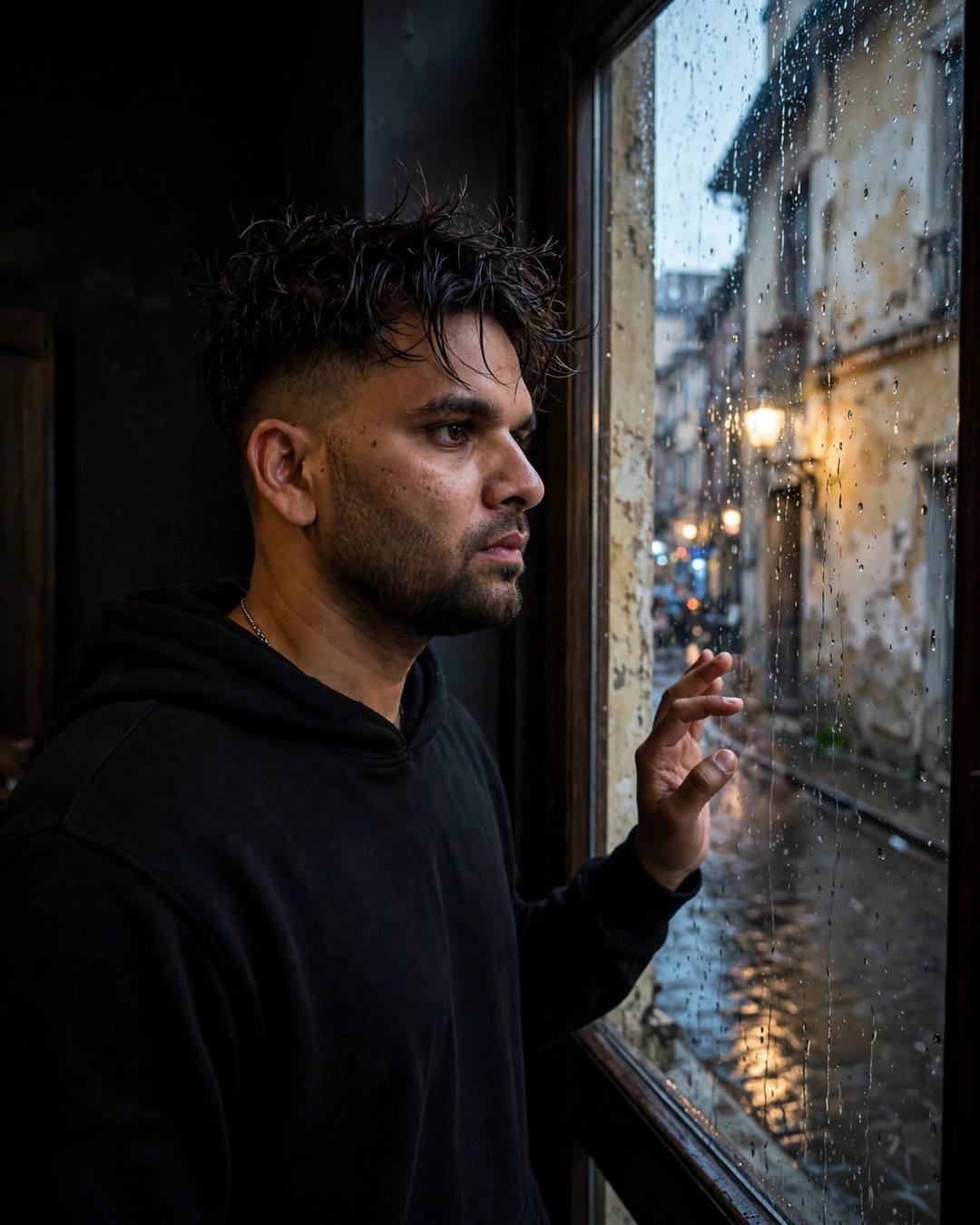 Man in black hoodie standing at a rain-streaked window in a narrow old-city lane, hand on the glass, amber street glow below