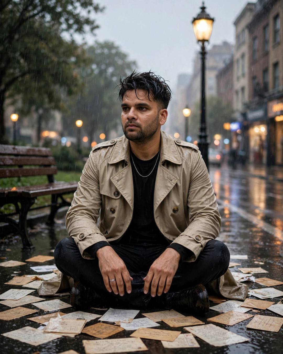 Young Indian man in beige trench coat sitting cross-legged among old letters on a wet city street at dusk