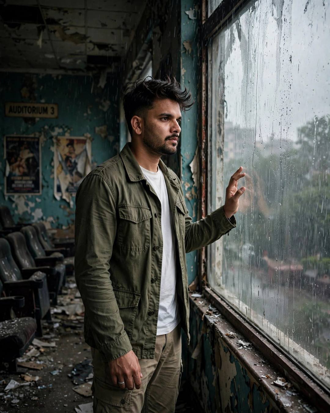 Young Indian man in olive field jacket standing at rain-streaked window inside an abandoned cinema hall