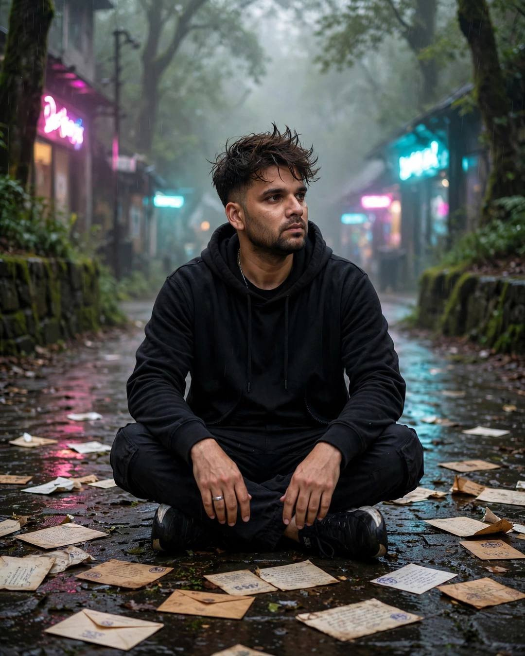 Young Indian man in all-black streetwear sitting cross-legged among old letters on a misty neon-lit forest path
