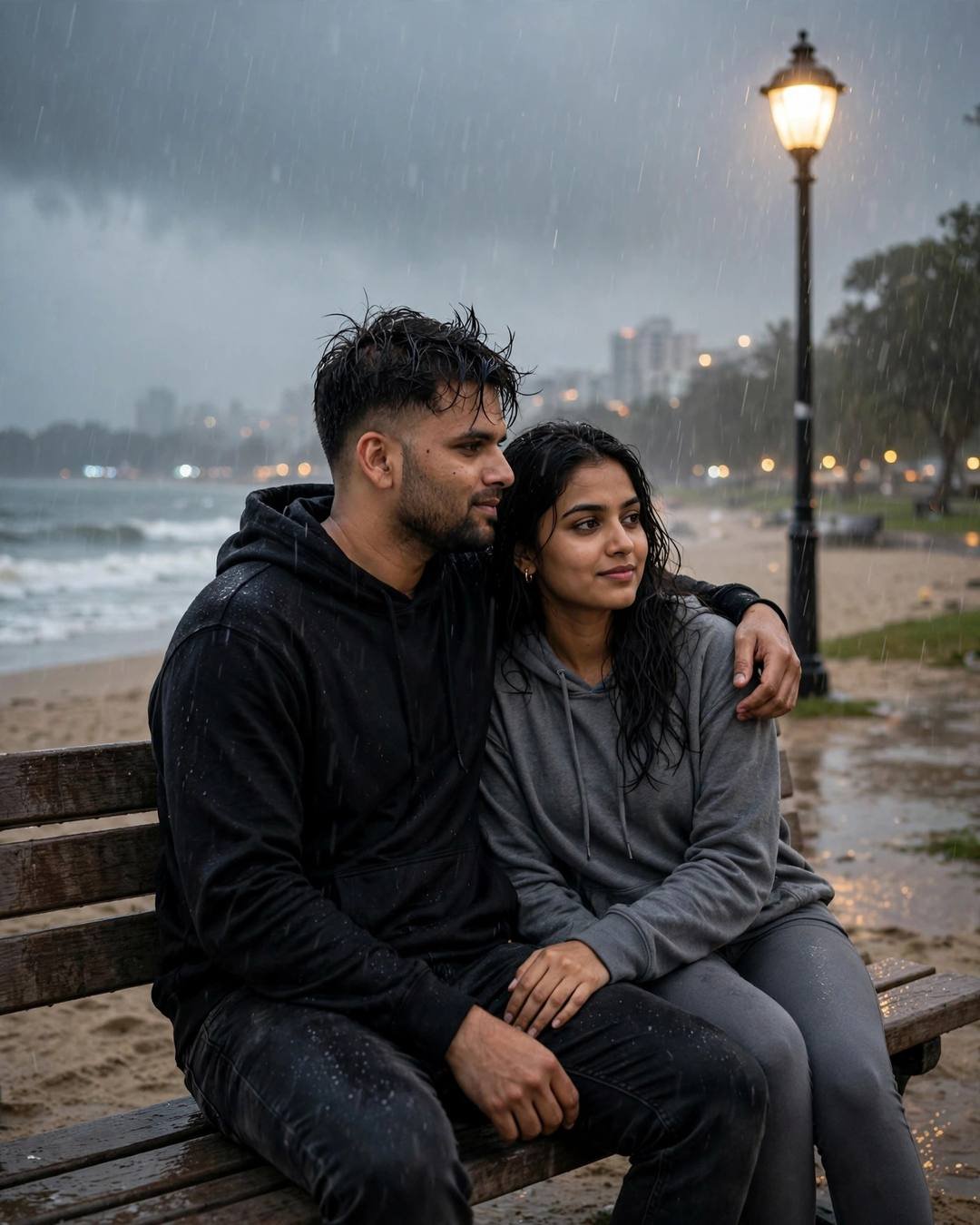 Young couple on a park bench in monsoon rain by the sea, his arm around her, under a lone lamp