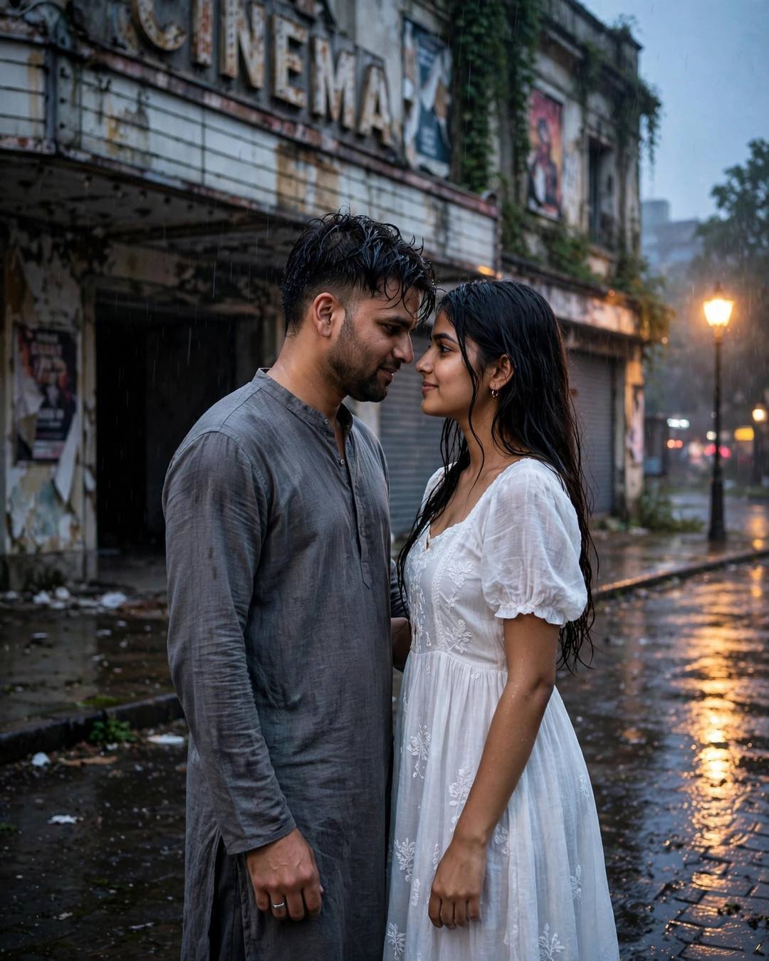 Young couple standing face to face with foreheads almost touching on a wet street before an old cinema in the rain
