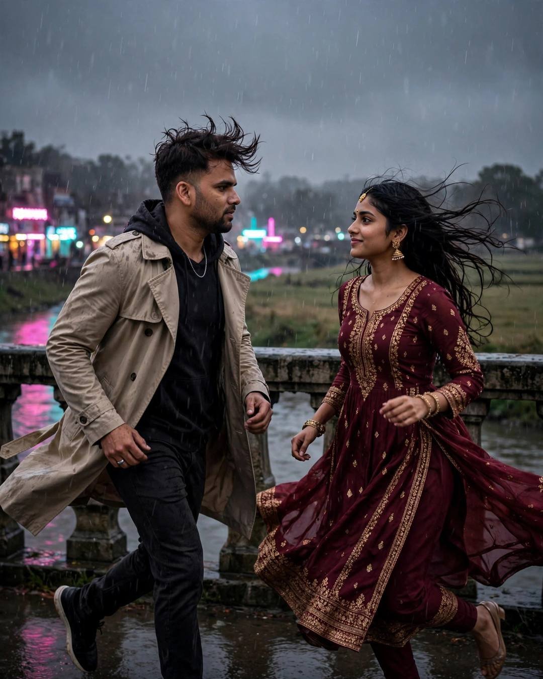 Young couple running toward each other on a rain-wet bridge, neon signs reflecting pink and cyan
