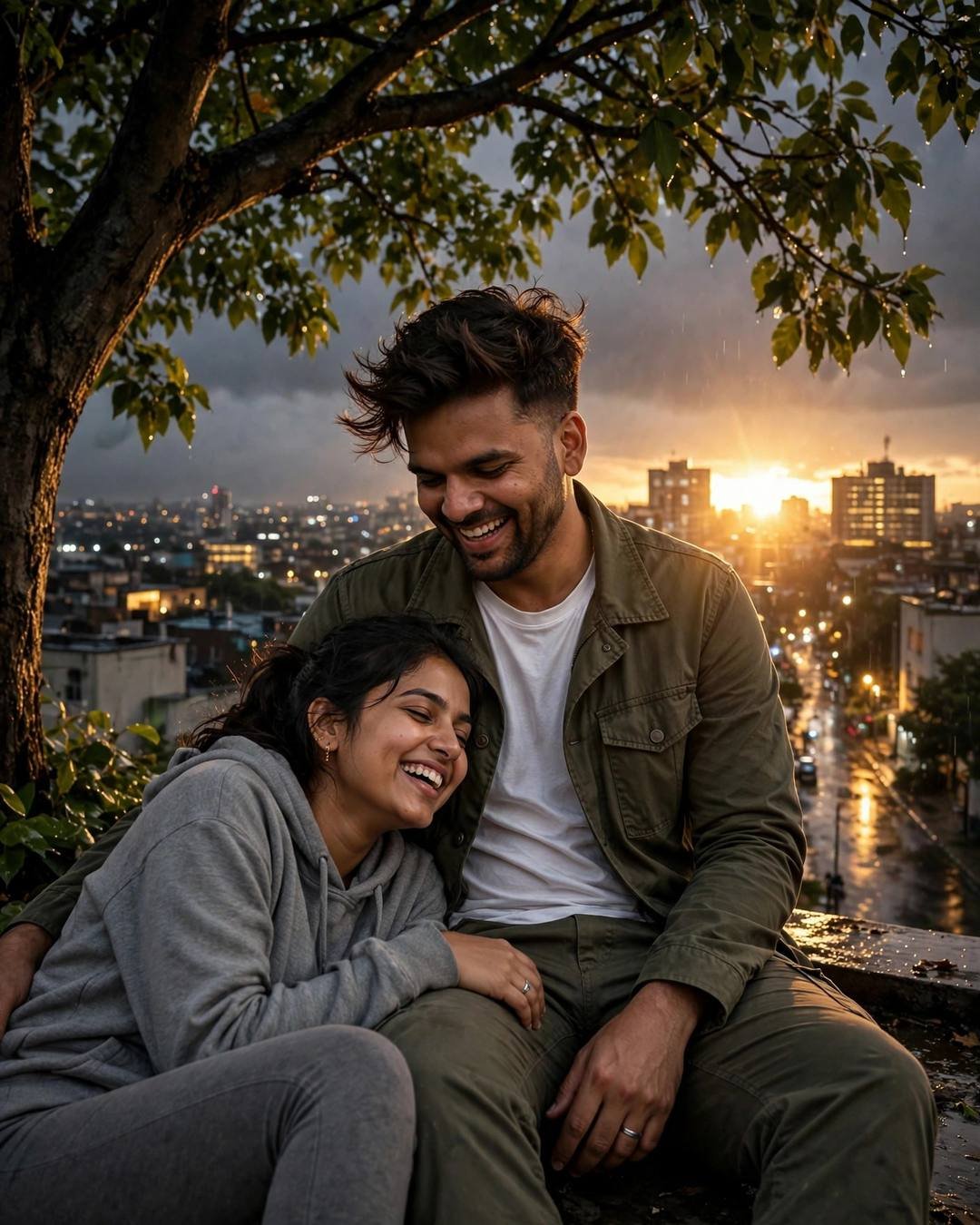 Young couple laughing softly on a rooftop under a tree at golden hour, her head in his lap, city lights below