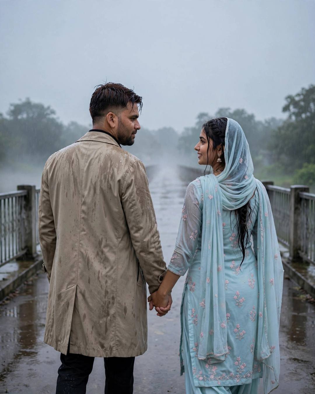 Young couple walking away hand in hand on a rain-wet bridge, looking in opposite directions
