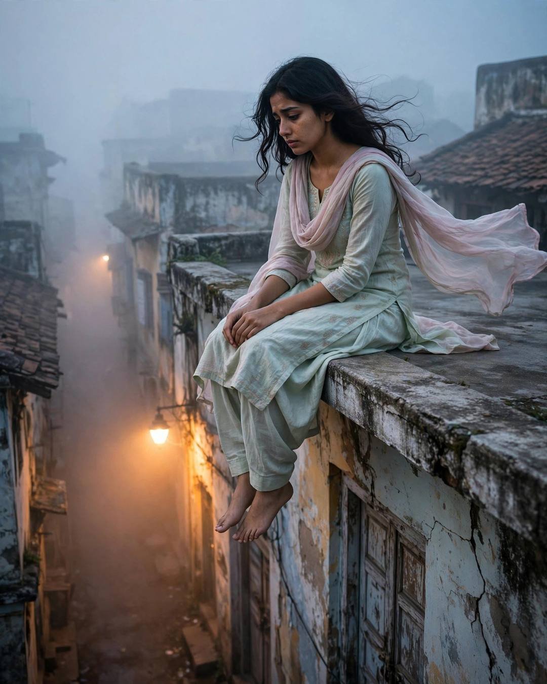 Young Indian woman in pastel salwar-kameez sitting on a rooftop ledge above a foggy old-city lane at dawn