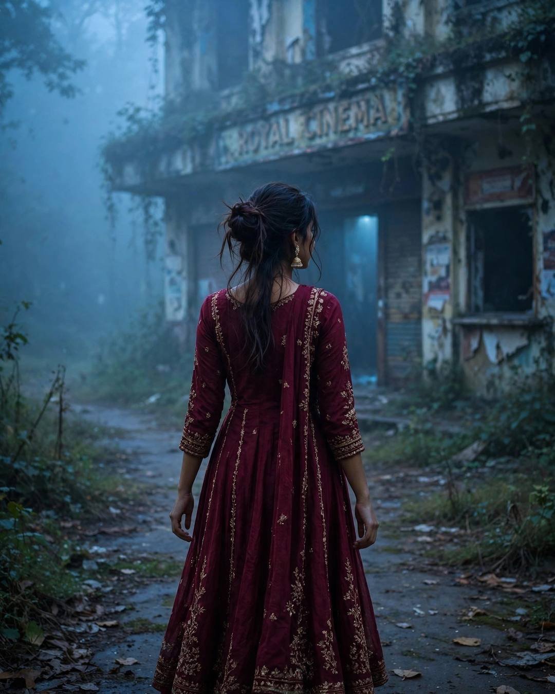 Young Indian woman in maroon anarkali walking away on a foggy path before an abandoned cinema at blue hour