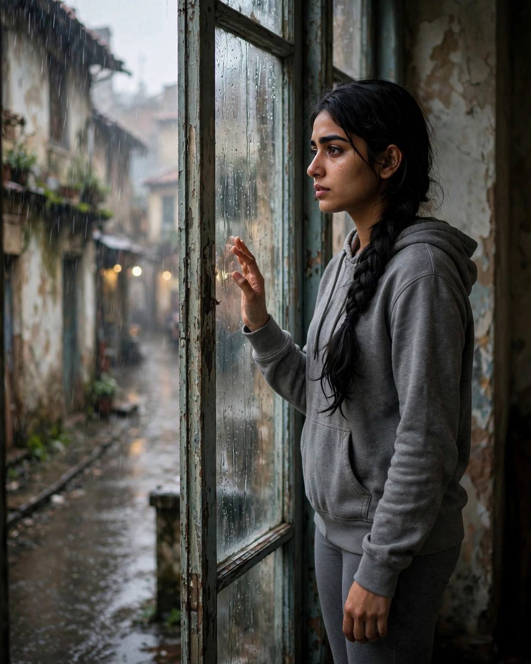 Young Indian woman in grey hoodie holding a wilted rose at a rain-streaked window in an old-city lane