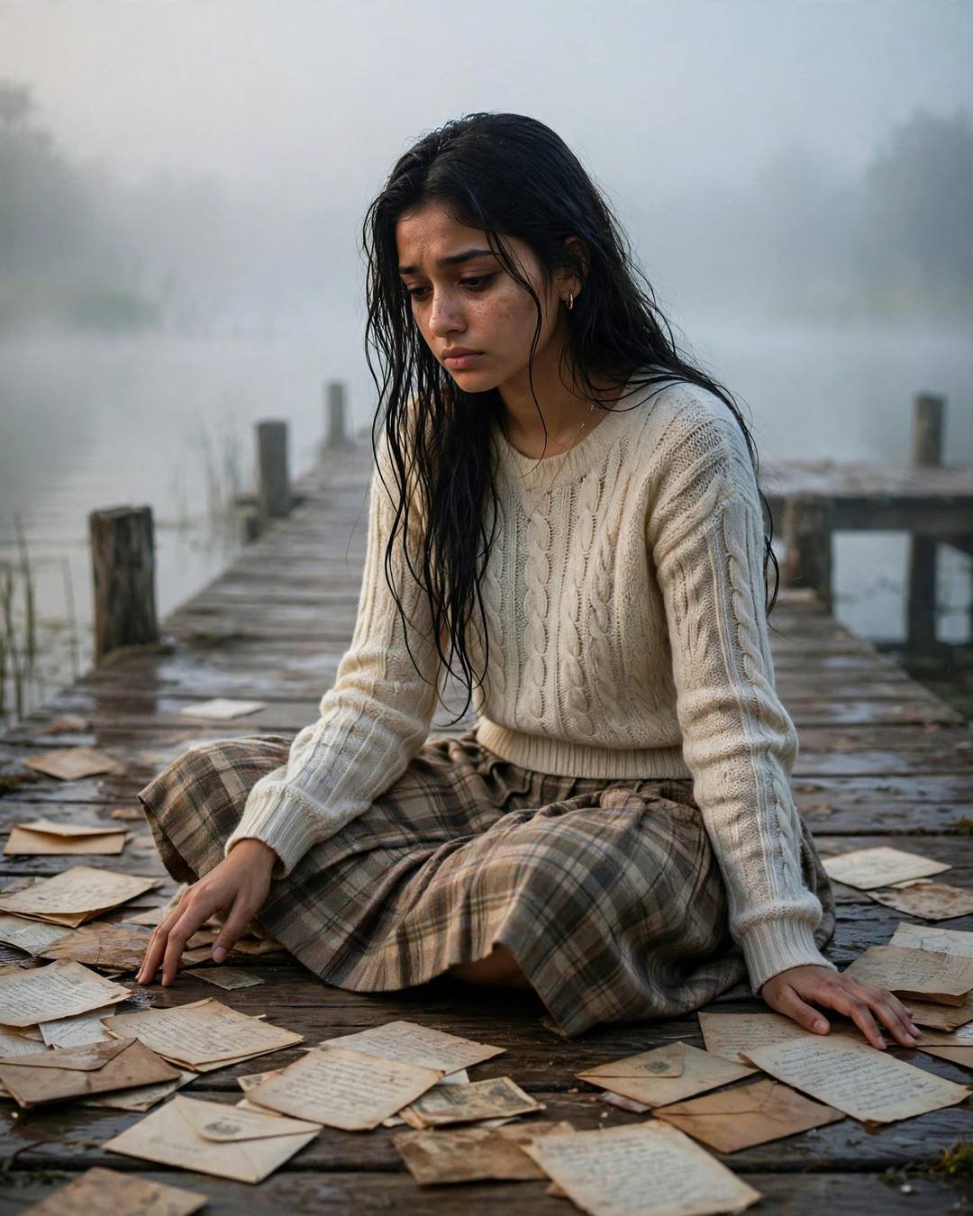 Young Indian woman in cream knit top sitting cross-legged among old letters on a foggy wooden pier at dawn