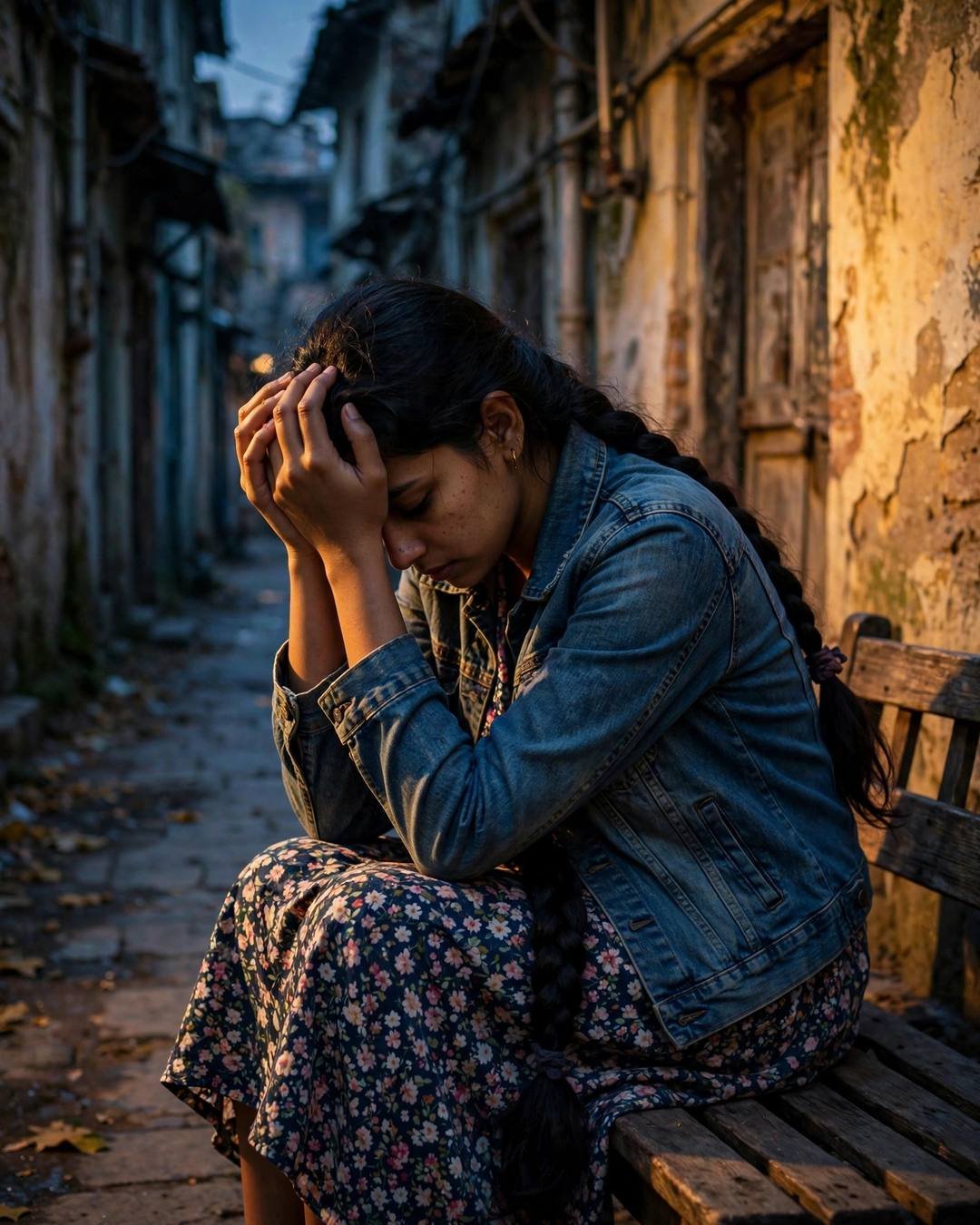 Young Indian woman in denim jacket sitting with head in hands on a bench in an old-city lane at dusk
