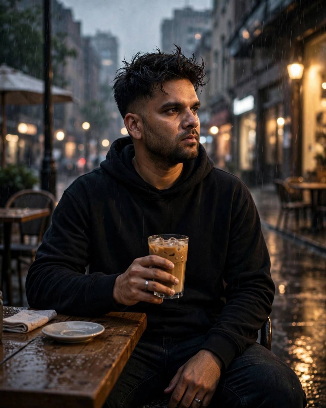 Photorealistic cinematic AI portrait of a young man in a black hoodie at a rainy street cafe in the evening