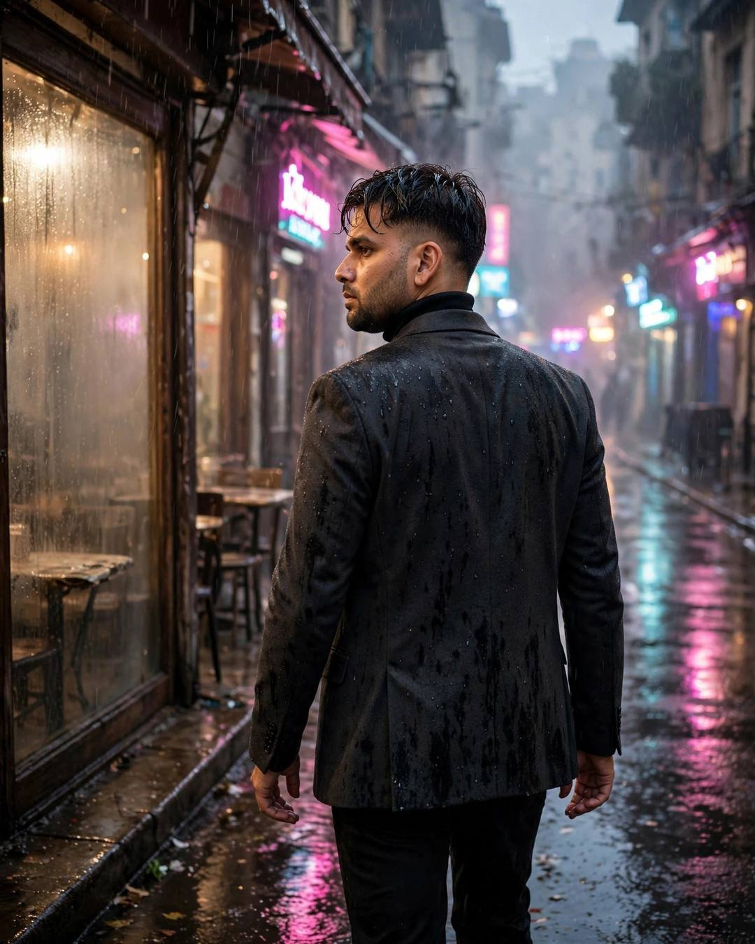Photorealistic cinematic AI portrait of a young man in a charcoal blazer on a neon-lit rainy street at night
