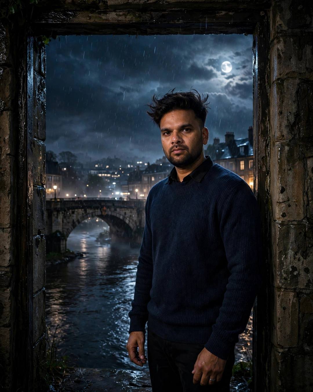 Photorealistic cinematic AI portrait of a young man in a navy sweater in a moonlit stone doorway by a river