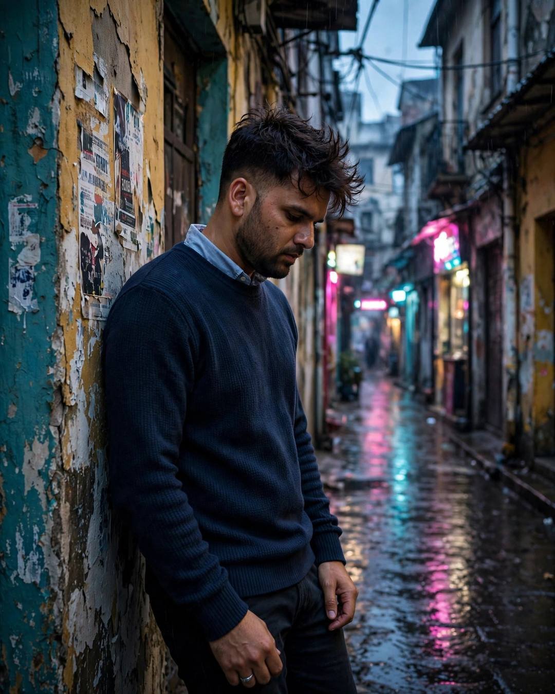 Photorealistic cinematic AI portrait of a young man in a navy sweater in a neon-lit old-city lane at dusk