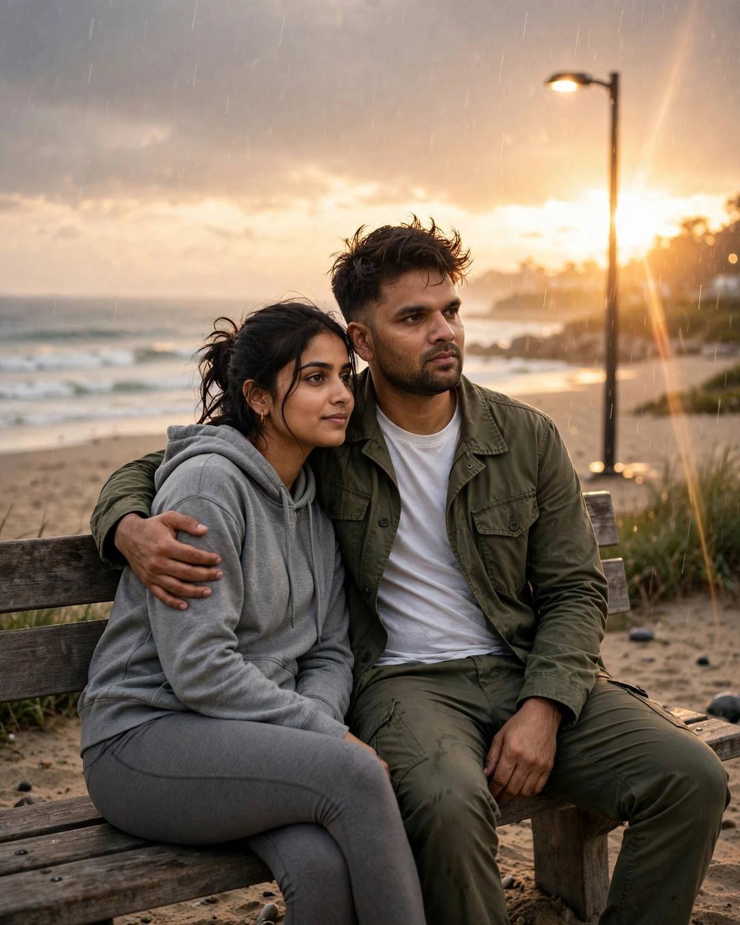 Couple on a beach bench at golden hour in drizzle, his arm around her