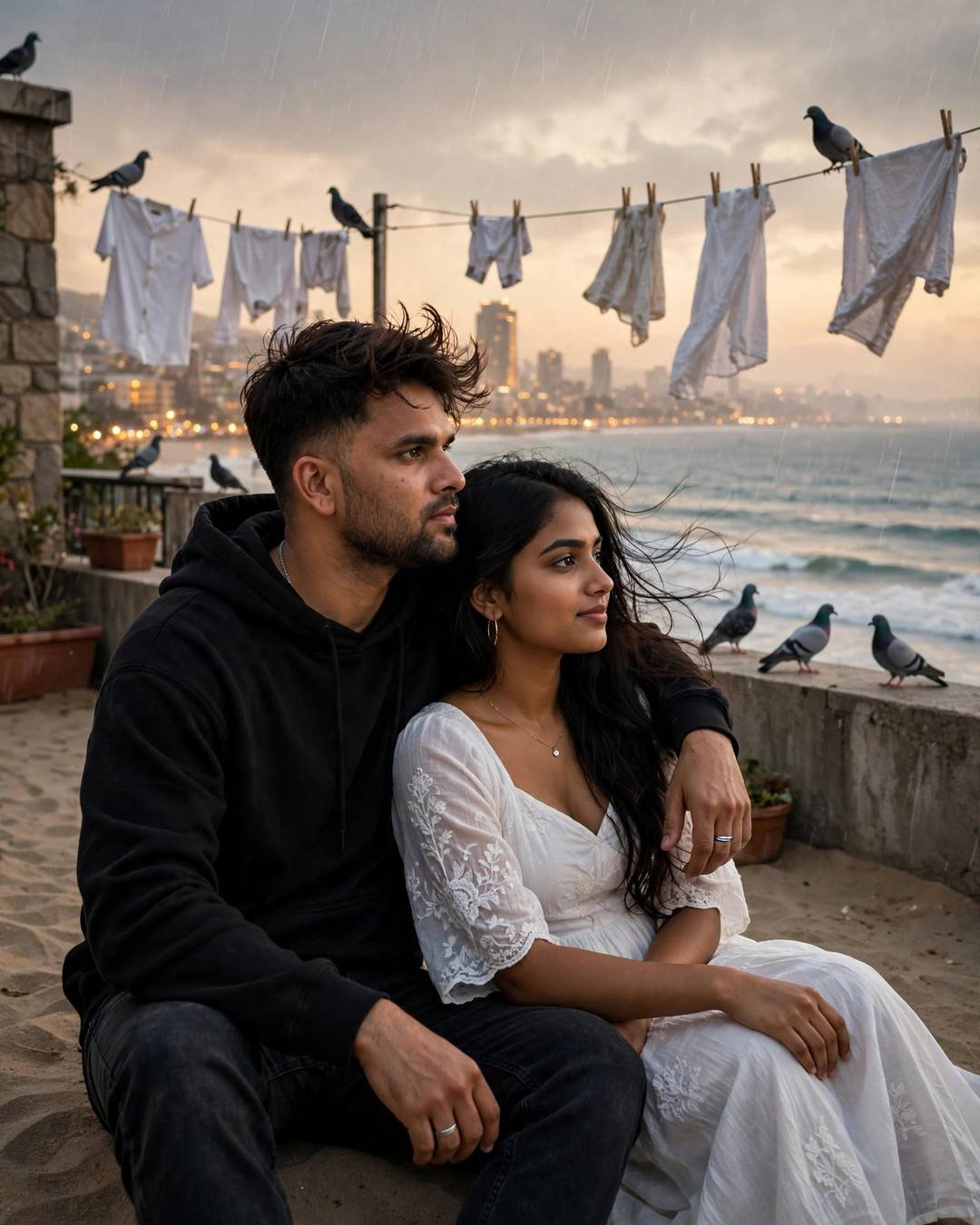 Couple on a seaside terrace with clotheslines and pigeons at golden hour