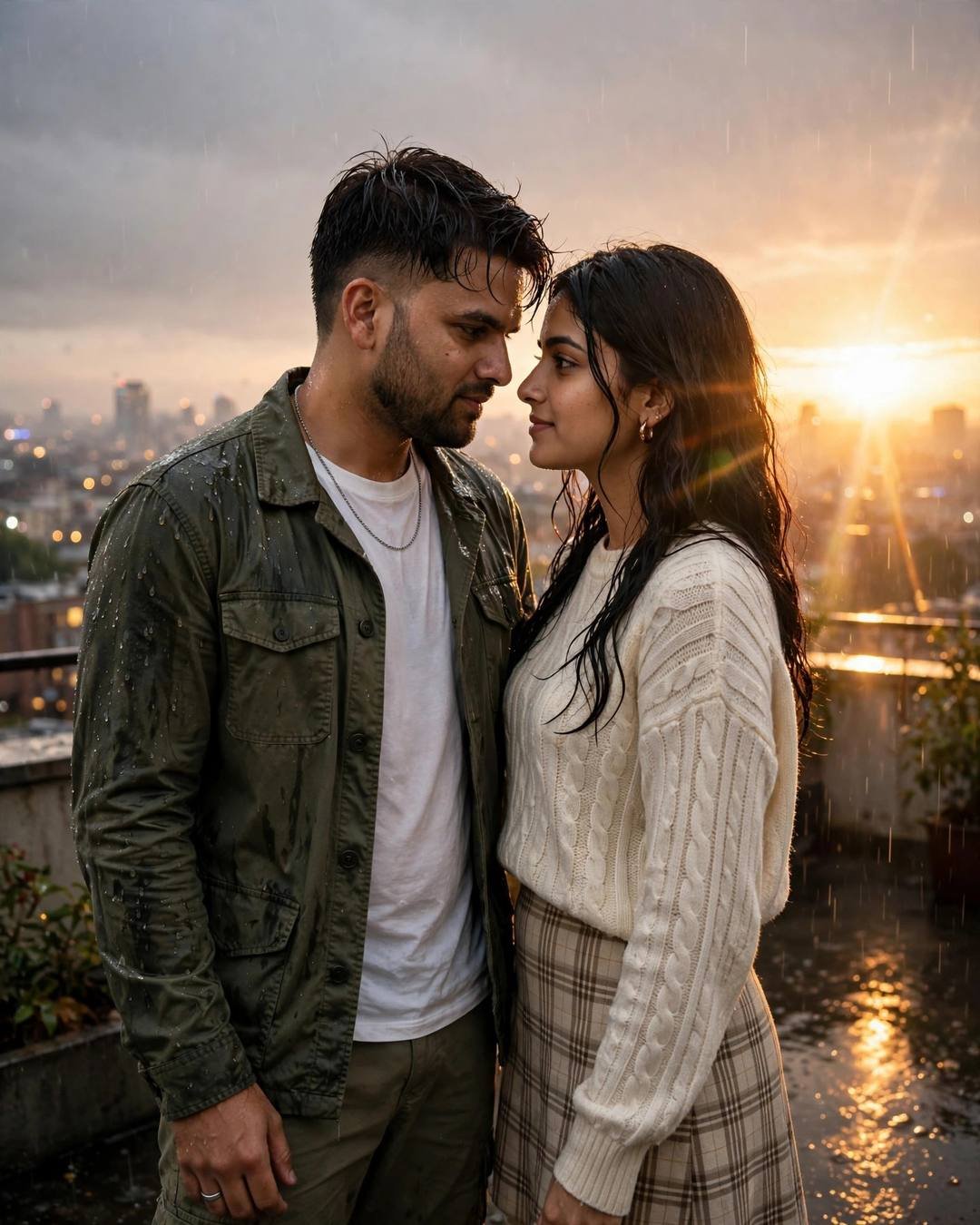 Couple face to face on a rainy rooftop at sunset with golden lens flare