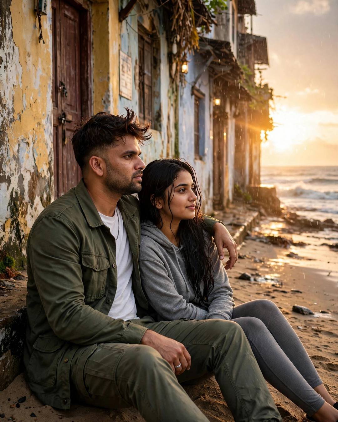 Couple sitting on an old-lane step at golden hour, his arm around her
