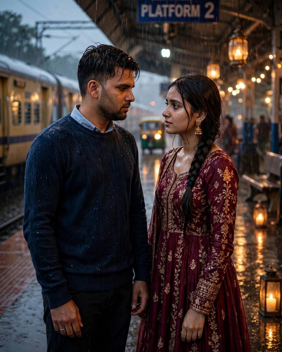 Couple sharing a long goodbye on a rainy lantern-lit railway platform