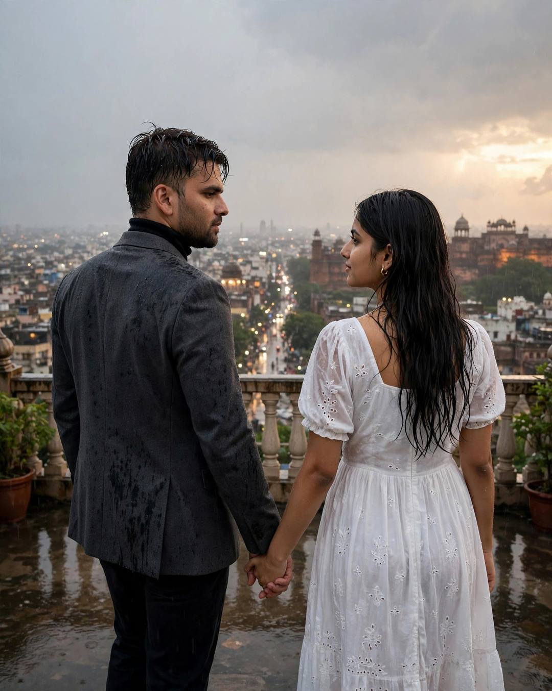 Photorealistic cinematic AI portrait of a young couple walking hand in hand on a rainy rooftop at dusk