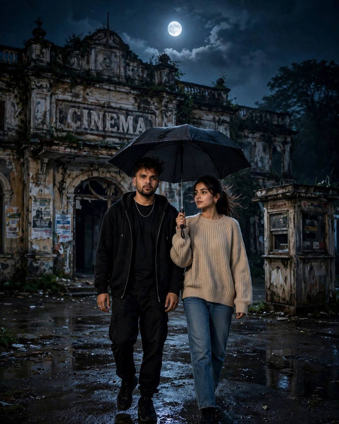 Photorealistic cinematic AI portrait of a young couple with an umbrella outside an abandoned cinema at night
