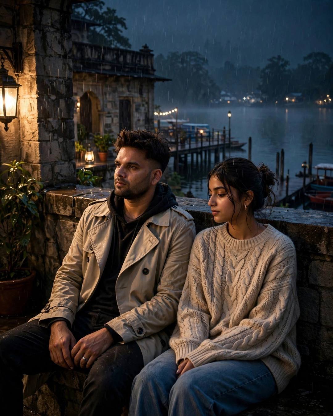 Photorealistic cinematic AI portrait of a young couple seated on rainy stone steps by a lake at night