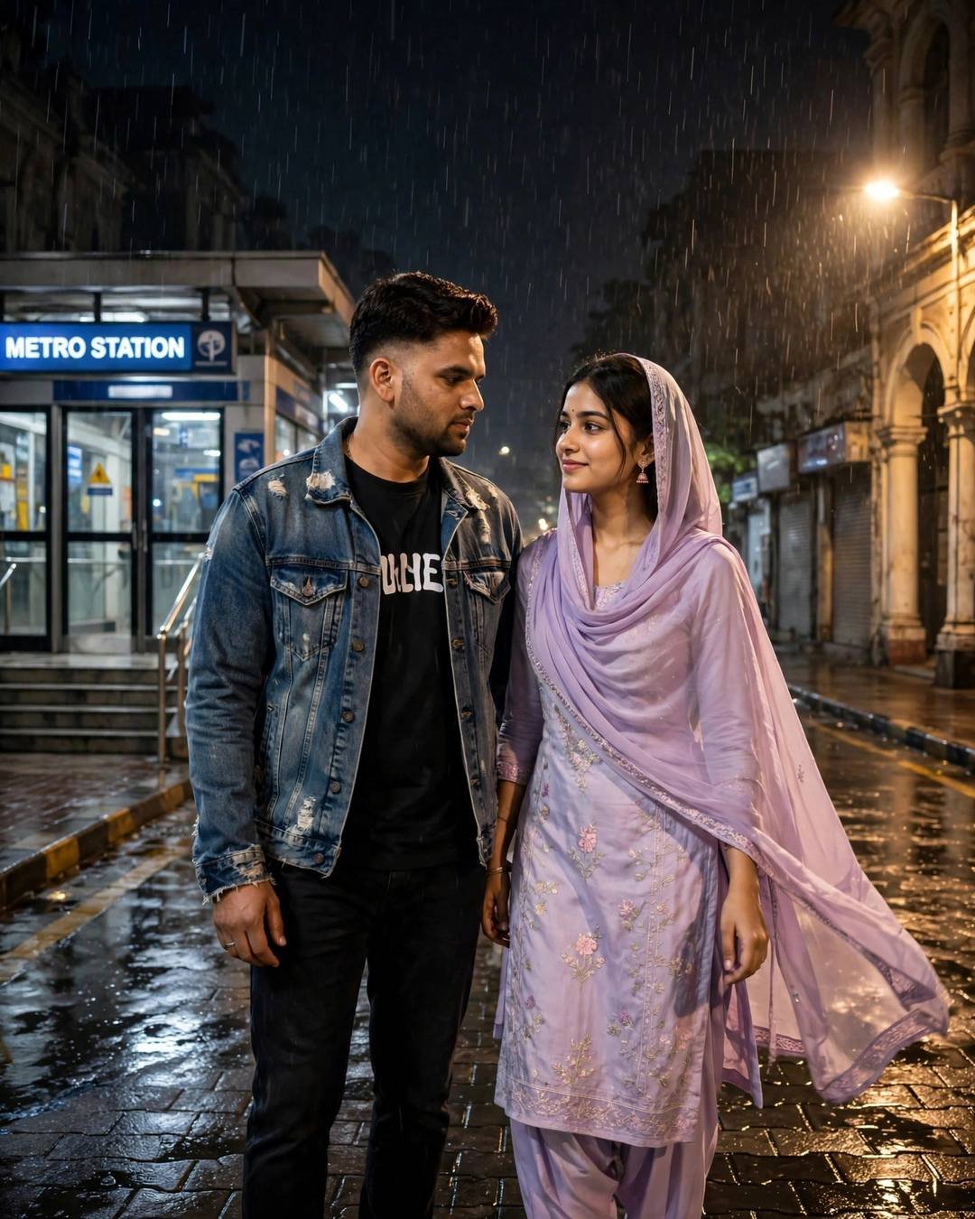 Photorealistic cinematic AI portrait of a young couple walking in night drizzle near a metro station