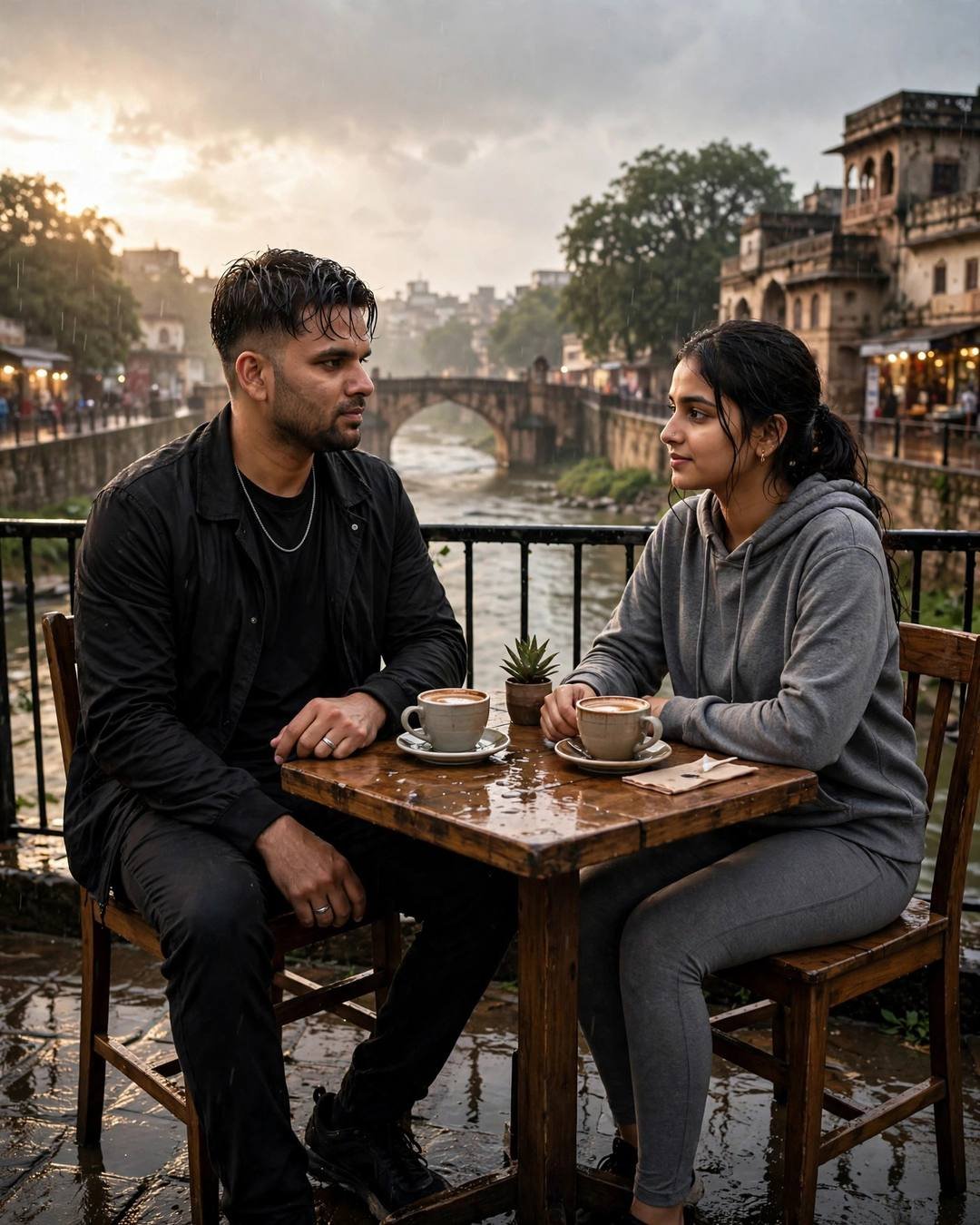 Photorealistic cinematic AI portrait of a young couple at a riverside cafe table after rain