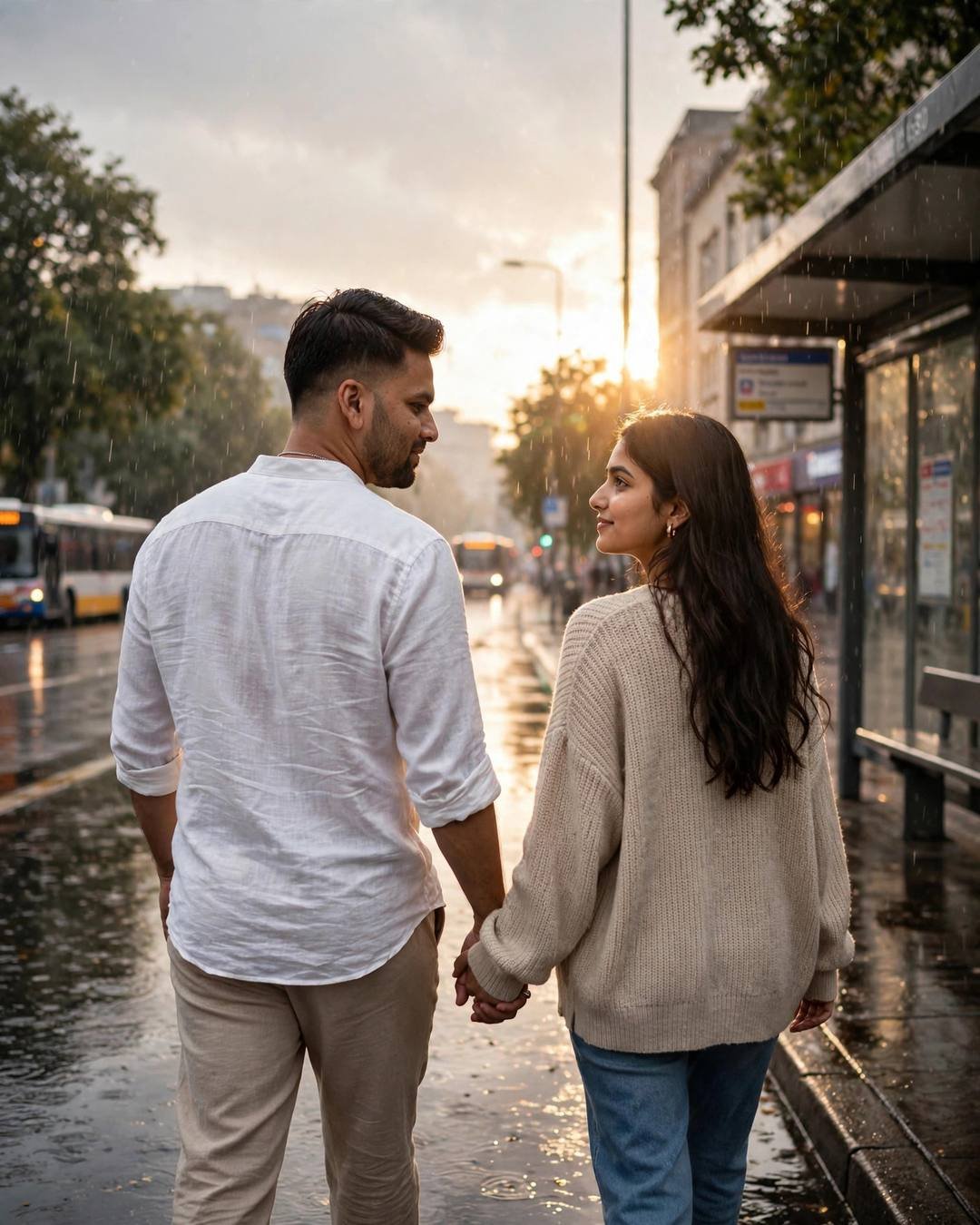 Couple walking hand in hand past a bus stop in the rain at golden hour — man in white linen shirt, woman in beige sweater