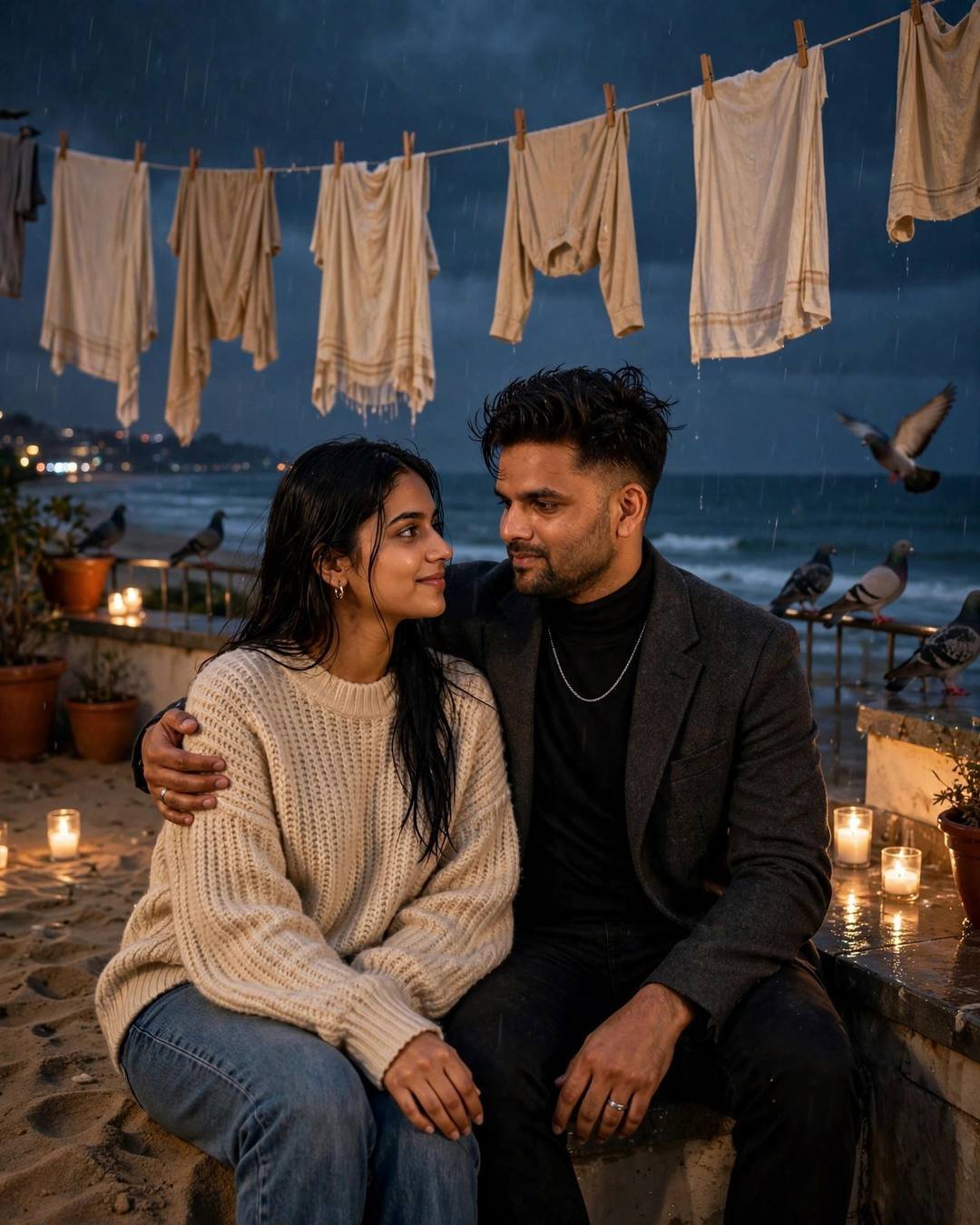 Couple seated close on a candlelit seaside terrace in the rain at night — man in charcoal blazer, woman in beige sweater, pigeons and washing lines