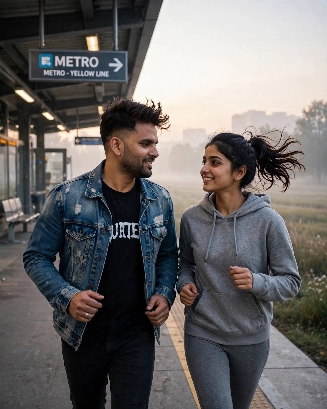 Couple laughing together on a metro platform at golden hour — man in distressed denim jacket, woman in grey hoodie