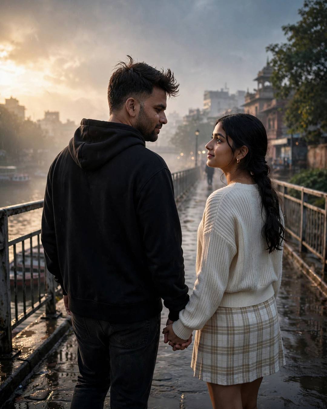 Couple holding hands on a bridge over a river at golden hour — man in black hoodie, woman in cream knit top and plaid skirt