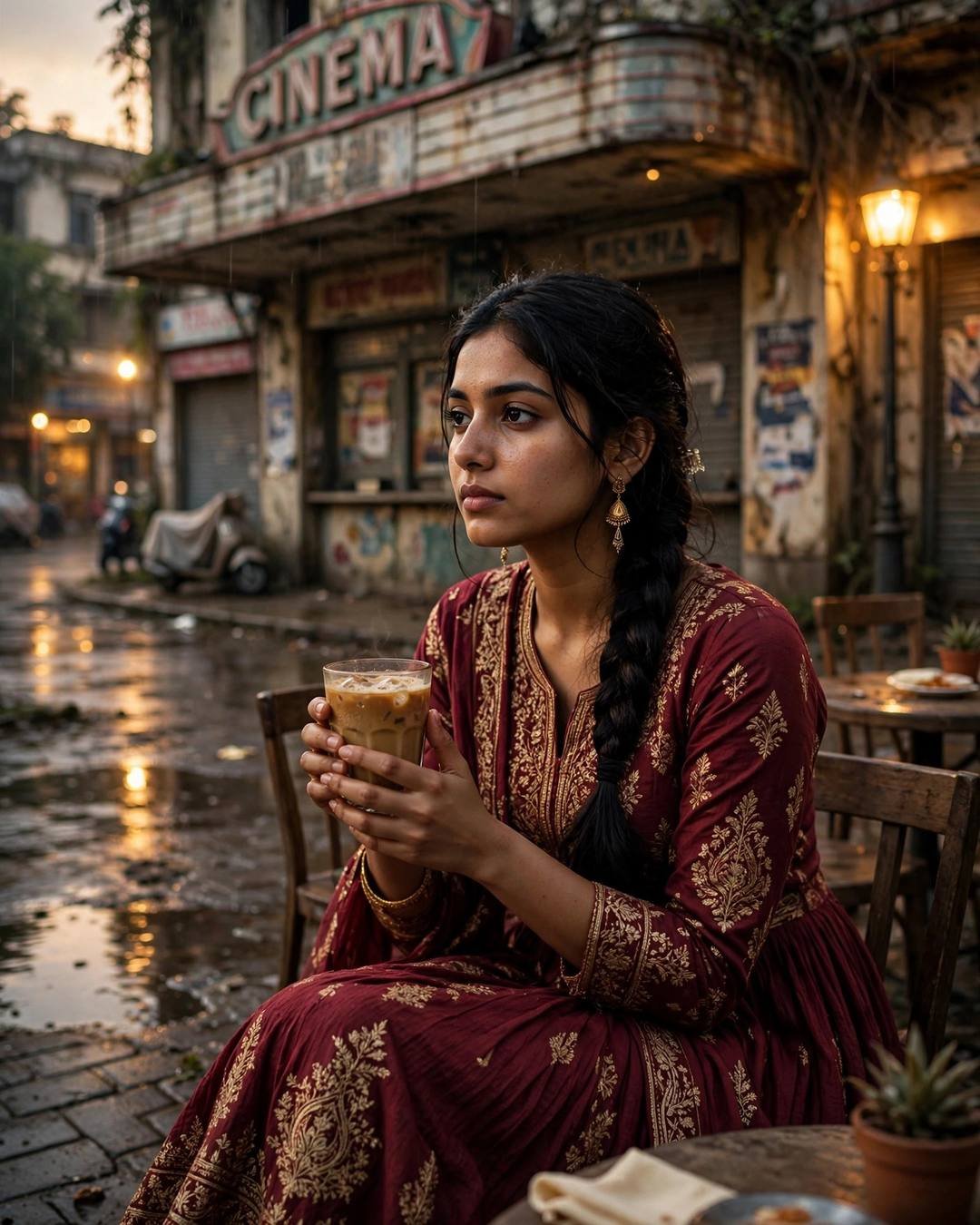 Young Indian woman in maroon anarkali with jhumkas holding a cold coffee at a cafe table outside an abandoned cinema hall at golden hour
