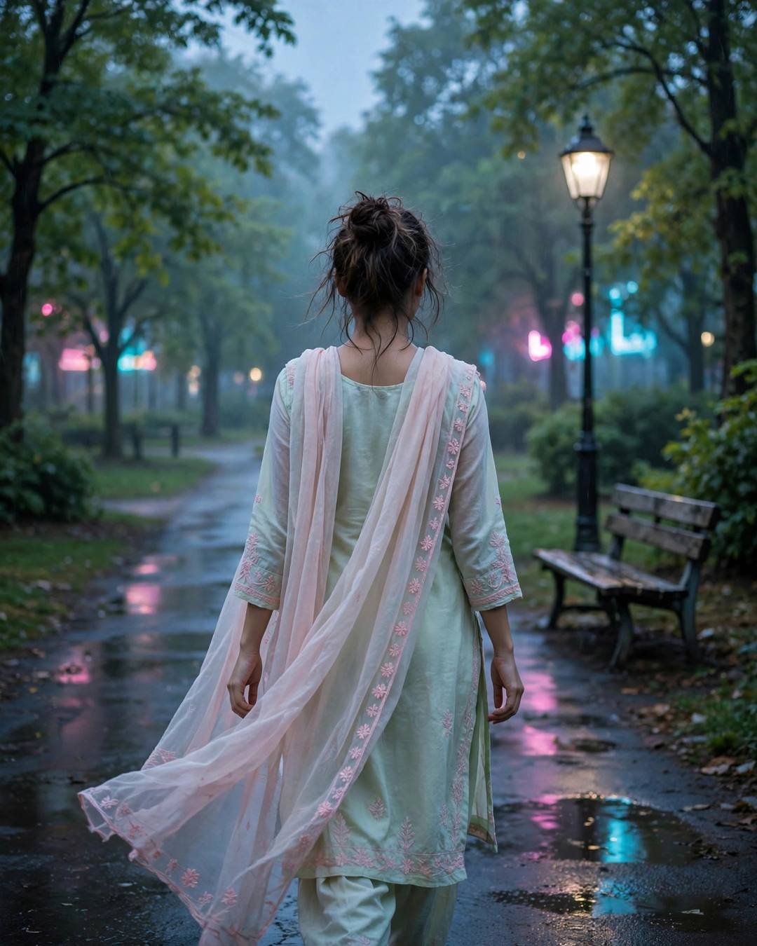 Young Indian woman in pastel salwar-kameez walking away down a neon-lit park path at blue hour, dupatta trailing