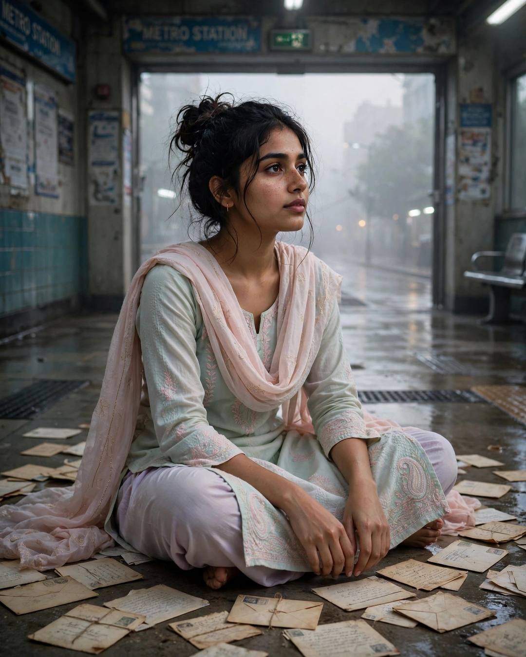 Young Indian woman in pastel salwar-kameez sitting cross-legged among old letters on a foggy metro station floor at dawn