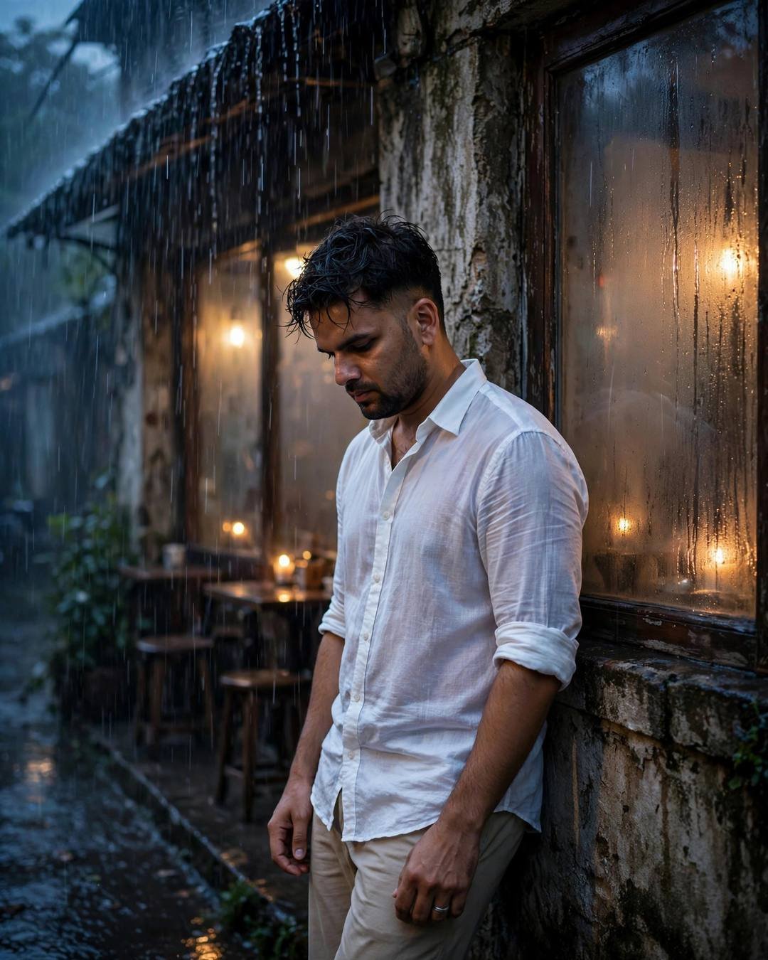 Young Indian man in a white linen shirt leaning against a weathered cafe wall by a rain-streaked fogged window at blue hour, candlelight glowing nearby