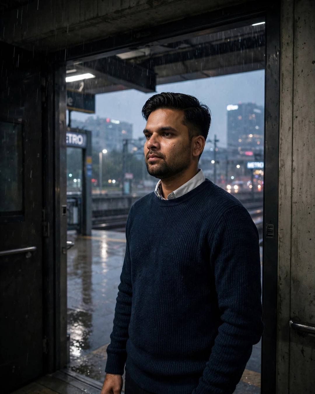Young Indian man in a navy sweater standing in a metro station doorway at dawn, light rain falling on the city behind him